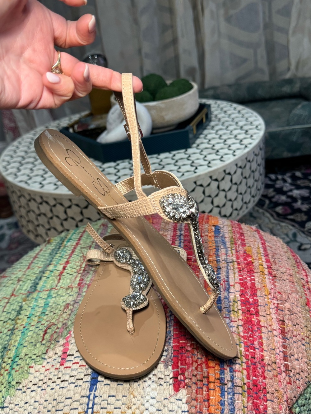 🥥🪩 Jessica Simpson Tan with Diamond Bling Crystal T-Strap Sandals with Strap 🪩🥥 - Picture 5 of 6